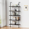 Ladder Shelf Bookcase 5 Tier, Extra Sturdy Modern Bookshelf Wall Mounted, Tall Black Open Book Shelf, Standing Industrial Metal Frame with Wooden Shelves