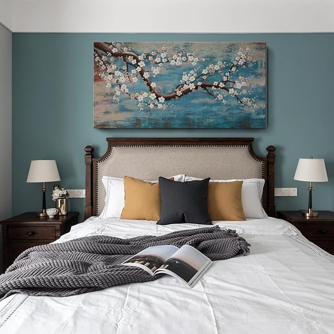 Large Canvas Wall Art for Living Room- 100% Hand-Painted Oil Painting with Texture, Extra Large Gallery Wrapped Floral Plum Blossom Tree Artwork Blue Teal Lake Wall Picture for Bedroom, Office Decor