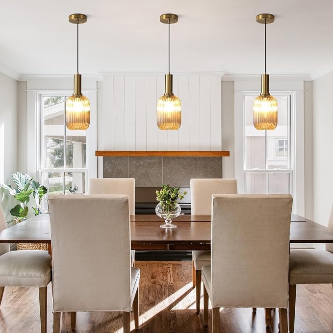 KCO Modern Brushed Gold Mini 5.1” Cylinder Amber Ribbed Glass Pendant Light | E26 Bulb Hardwired, Adjustable Cord Mid Century Vintage Brass Hanging Ceiling Lamp for Sloped Ceiling Kitchen Dining Room Bar