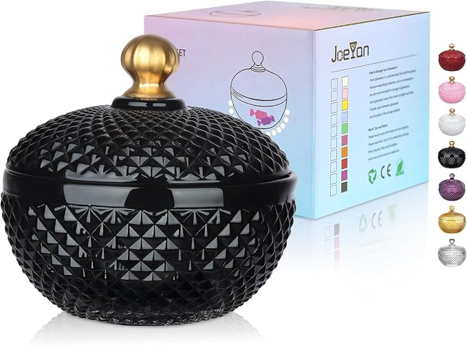 Joeyan 12 oz Small Black Glass Jars with Lid,Embossed Glass Candy Dishes,Diamond Faceted Food Container,Decorative Jewelry Box Apothecary Canisters,Colored Kitchen Bathroom Buffet Storage Organizer
