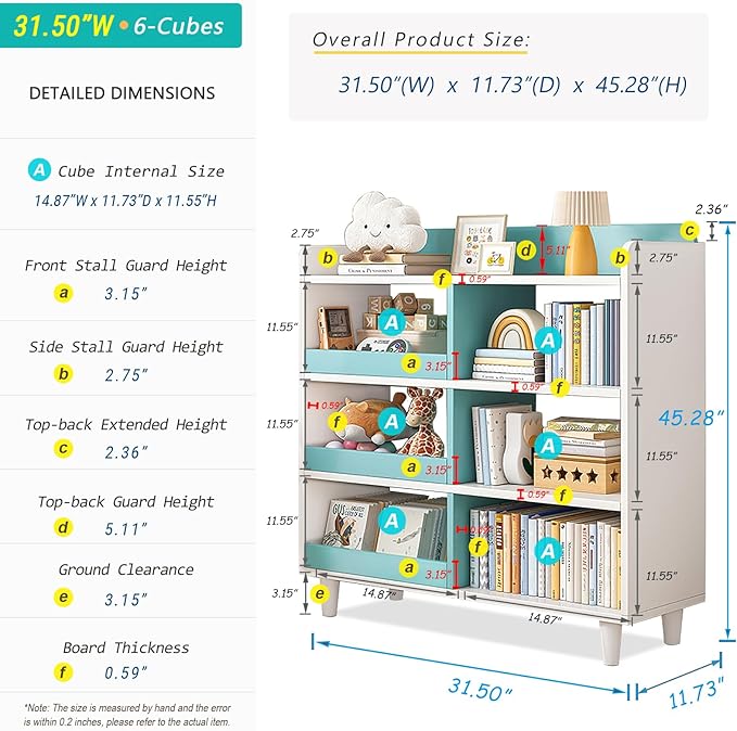 Wooden Cube Bookcase with Legs - 3-Tier Open Shelf Kidsroom Sorted Storage Cabinet Organizer for Books and Toys, 6-Cube Lattice Cute Cubby Bookshelf in White Mixed Westlake Blue, 32" W