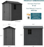 Greesum 4×6FT Plastic Outdoor Storage Shed with Floor, Resin Storaged Sheds with Lockable Door, Window & Vent, All-Weather Tool Sheds for Garden, Backyard, Patio, Dark Gray (One-Piece Panel)