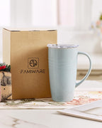 famiware Jupiter Large Coffee Mug, 20oz Coffee Mug with Lid, Ceramic Mugs Set of 2, Cup Set with Handle for Latte, Tea, Cocoa, Milk, Microwave and Dishwasher Safe,Light Blue and Vanilla White