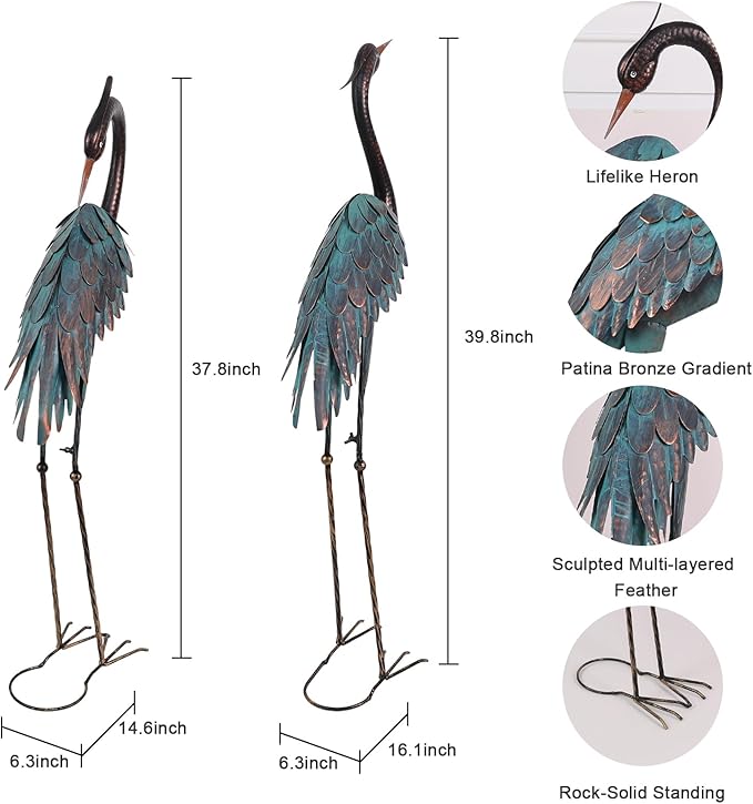YEAHOME Garden Decor Outdoor Statues, 40"/37" Large Metal Heron Standing Yard Art, Blue Crane Lawn Sculptures Garden Decor for Outside Patio Porch Backyard, Set of 2