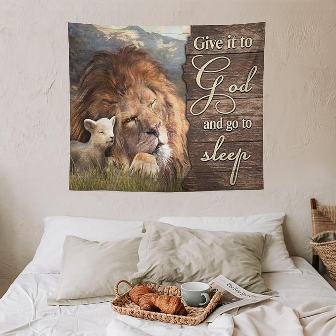 yowecso Lion and Lamb Tapestry Give It To God And Go To Sleep Tapestry Wall Hanging for Bedroom Christian Religious Tapestries Aesthetic Wall Decor for Home Dorm Living Room 50"x60"