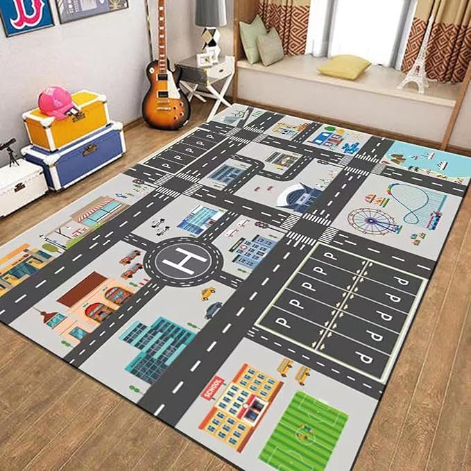 Kids Rug Play Mat Great for Playing with Cars and Toys,Educational Kid Road and Traffic City Life Carpet,Children Baby Fun Throw Rug for Bedroom Play Room,63X91Inch/160X230CM
