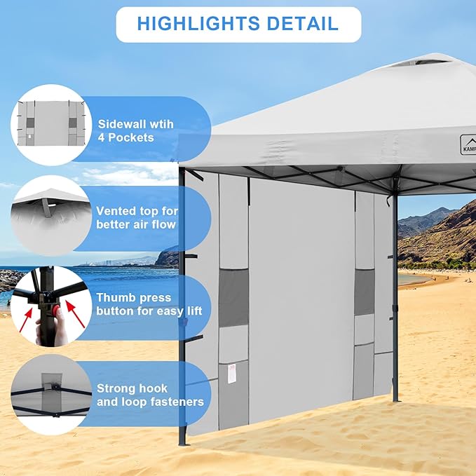 KAMPKEEPER 10x10 Easy Pop Up Canopy Tent with Sidewalls, Instant Outdoor Shade Shelter with Removable 10FT Sun Walls, Quick Setup Waterproof and UV-Resistant for Patio (White, 1 sidewall)