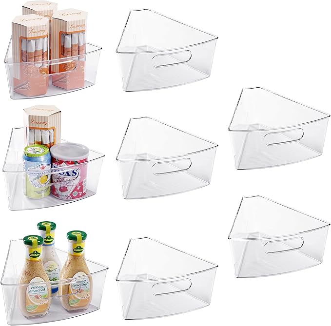 Oubonun Lazy Susan Organizers Set of 8, 12.8’’ x 11.7’’ x 4’’ Plastic Transparent Kitchen Cabinet Storage Bins with Handle, 4" Deep Container, 1/8 Wedge - Food Safe, without BPA