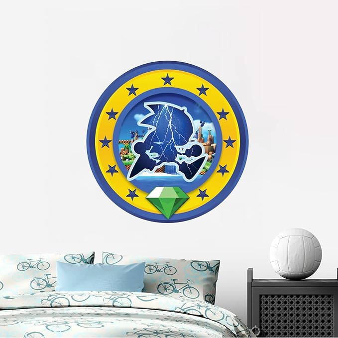 Speed Hero Wall Decal – Removable Vinyl Wall Art with Chaos Emerald Design – Gaming Room, Bedroom & Playroom Decor (Electric Hero)