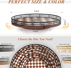 AMH 9-Inch Brown Checkerboard Lazy Susan Organizer with Black Metal Rail | Smooth rotating oak tray with walnut finish for dining tables, kitchen counters, pantries and cabinet storage.