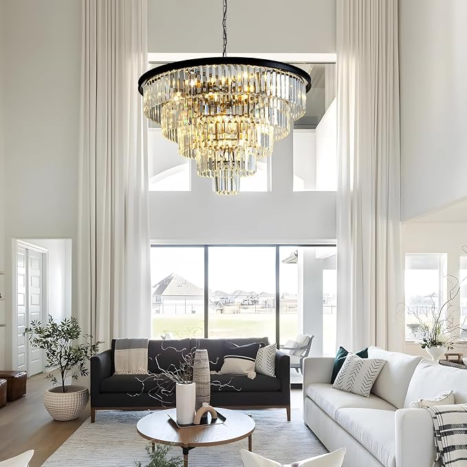 Large Crystal Chandelier 30'' Modern Black Dining Room Light Fixture | 5-Tier K9 Luxury Crystal Pendant Light for High Ceiling Big lighting fixture for Living Room Kitchen Foyer Staircase Entryway