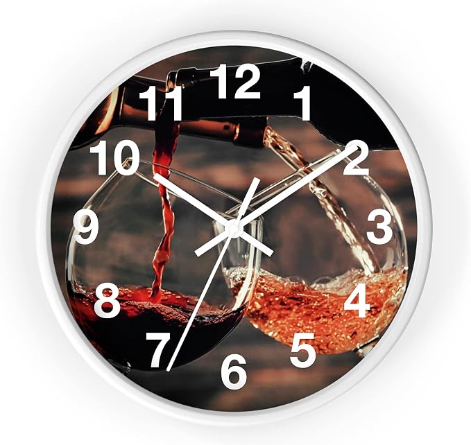 Mozingo ~ Wine Clock for Kitchen Bar Wall It's Wine O'clock Silent Time Gift Home Decor Made In USA, 10" (Hour Marks - Numbers, Clock Frame Color - White, Wine Theme #01)
