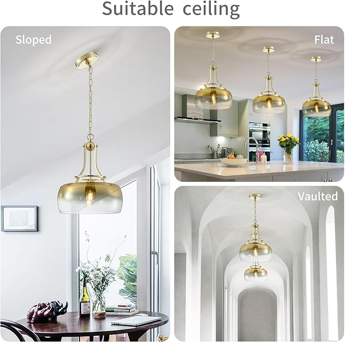 WUZUPS Gold Chandelier Rustic Farmhouse Industrial Round Ceiling Pendant LED Light Fixture with Gradient Glass Shade for Dining Room Kitchen Island Foyer Entryway, H 17" W 13.4", E26 Base