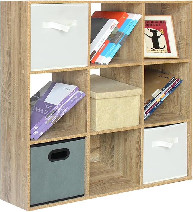 PACHIRA US 9 Cube Storage Bookcase, Unit Shelf, Wooden Closet Cabinet, Bookshelf File Organizer Rack in Living Room, Bedroom, Study, each cube 28.5 cm,Oak