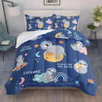 Kawaii Sloth Comforter Set 3 Pieces Outer Space Moon Cloudy Star Bedding Set Cartoon Animal Astronaut Bed Quilt Set for Girls Boys Kids with 1 Comforter and 2 Pillow Cases, Blue