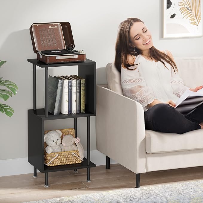 3 Tier Modern Bookshelf, S-Shaped Bookcase,Small Book Shelf for Small Spaces, Unique Bookshelf for Storage Organizer Living Room Bedroom Home Office, Black