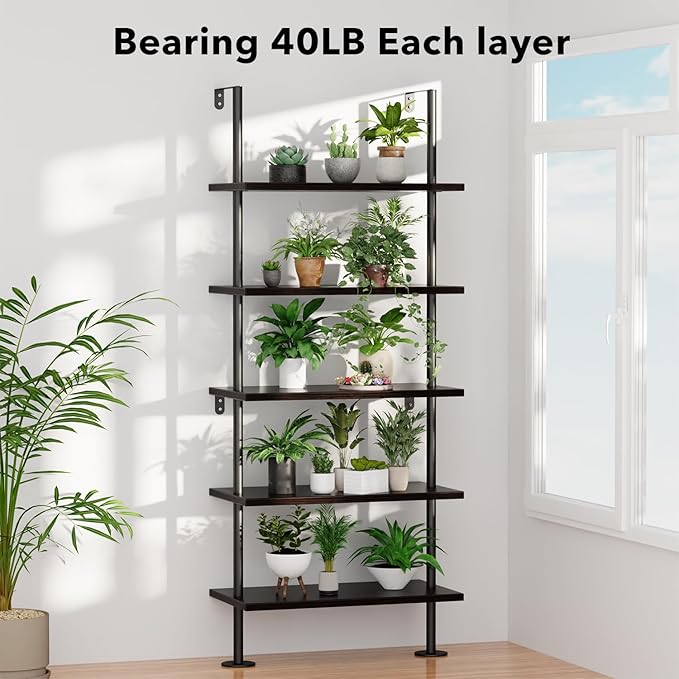 Ladder Shelf Bookcase 5 Tier, Extra Sturdy Modern Bookshelf Wall Mounted, Tall Black Open Book Shelf, Standing Industrial Metal Frame with Wooden Shelves