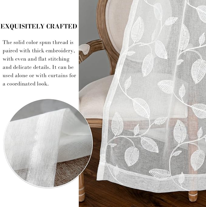 White Rod Pocket Sheer Curtains 96 inches Long Leaves Embroidered Window Curtain Sheer Voile Panels for Living Room & Bedroom, 60x96,Two Panels