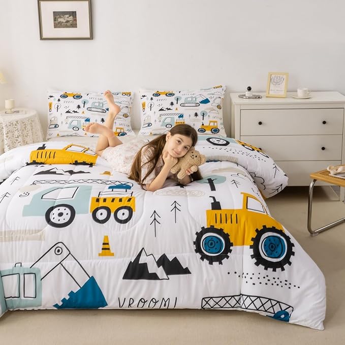 Feelyou Cartoon Car Kids Comforter Set Construction Bedding Set Decor Equipment Trucks Comforter Cartoon Car Excavator Tractor White Yellow Duvet Set Bedroom Quilt Set 2Pcs Twin