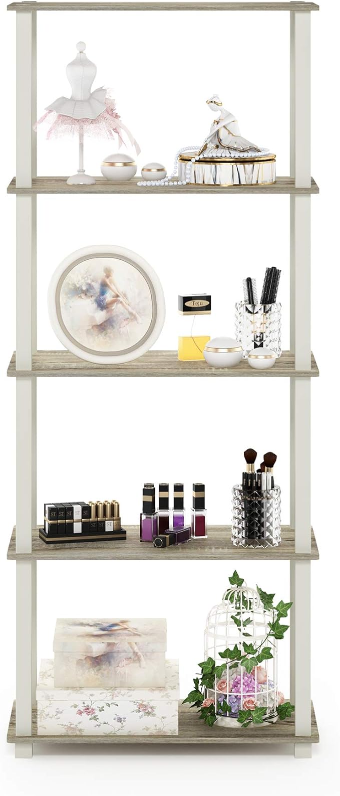 Furinno Turn-N-Tube 5-Tier Multipurpose Shelf / Display Rack / Storage Shelf / Bookshelf, Square Tubes, Sonoma Oak/White