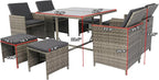 9 Pieces Patio Dining Outdoor Furniture, Space Saving Rattan Chairs with Glass Table, Cushioned Seating and Back Sectional Conversation Set, Zm-Grey