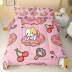 Kawaii Cat Comforter King Size,Doughnut Cherry Cat Comforter Set for Kids Teens Girls,3Pcs Bedding Set Printed Comforter with 2 Pillowcases,Soft and Lightweight(Pink，King Size)