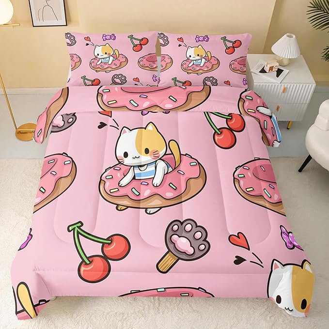 Kawaii Cat Comforter Queen Size,Doughnut Cherry Cat Comforter Set for Kids Teens Girls,3Pcs Bedding Set Printed Comforter with 2 Pillowcases,Soft and Lightweight(Pink，Queen Size)
