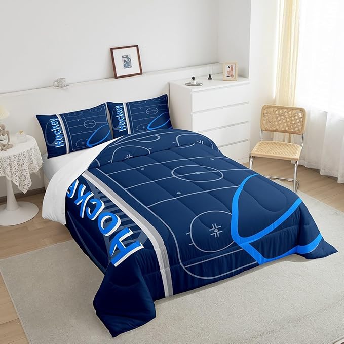 Feelyou Kids Ice Hockey Comforter Set Full Size Ice Sports Games Bedding Set for Boys Girls Teens Bedroom Decor Hockey Player Comforter Puck Hockey Duvet Set with 2 Pillow Case