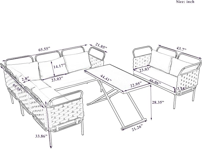 5-Piece Woven Rope Outdoor Patio Furniture Sets, L-shaped Conversation Sectional Sofa with Loveseat, Corner Couch, Glass Table and Removable Cushions, for Garden Backyard, Onesize, Gray+Beige