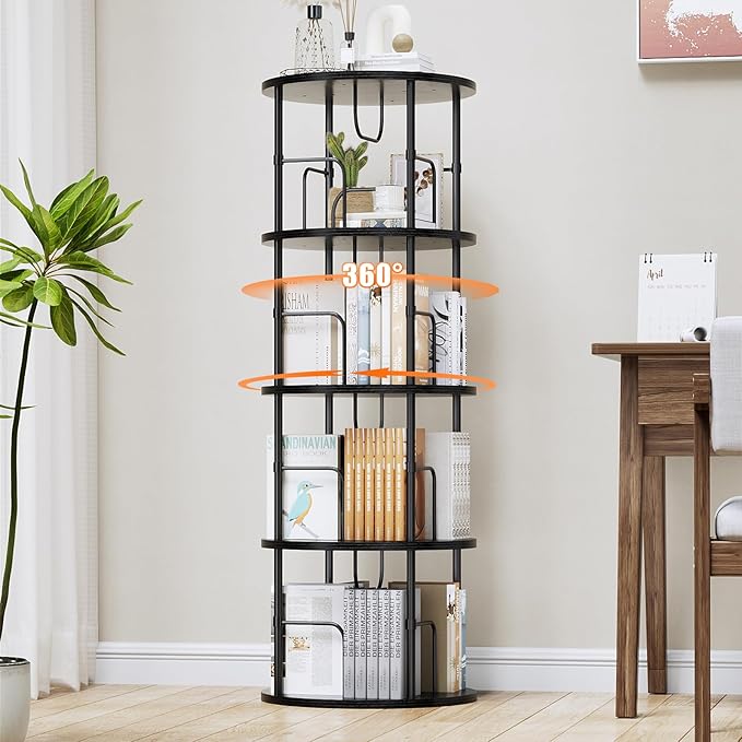 Rotating Bookshelf, 4 Tier Spinning Bookshelf Tower, 360° Display Unique Round Bookcase, Floor Standing Corner Revolving Bookshelf Storage Organizer for Small Spaces, Home Study Office, Black