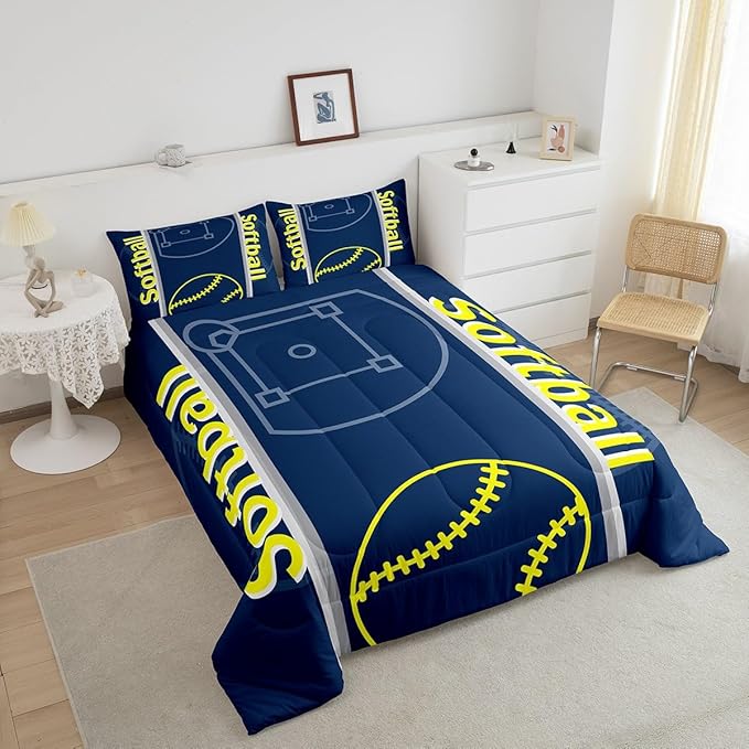 Feelyou Kids Softball Comforter Set Twin Size Sports Game Bedding Set for Boys Girls Teens Bedroom Decor Baseball Comforter Softball Gaming Theme Duvet Set with 1 Pillow Case