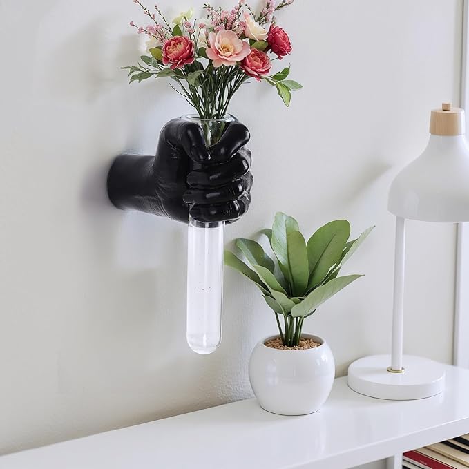 Black Wall Sculptures, Hand Vases Home Decor, Wall Mount Art Sculpture, Unique Wall Art Statue, Funky Flower Vase Decorations, Modern Eclectic Hanging Decor,Glass Test Tube Vase