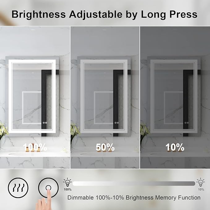 WELLFOR LED Bathroom Vanity Mirror 24 x 36 Inch, Lighted Anti-Fog Dimmable Mirror, IP44 Waterproof Wall Mounted Makeup Mirror, Packed with US Standard Plug and Touch Switch, (Horizontal/Vertical)