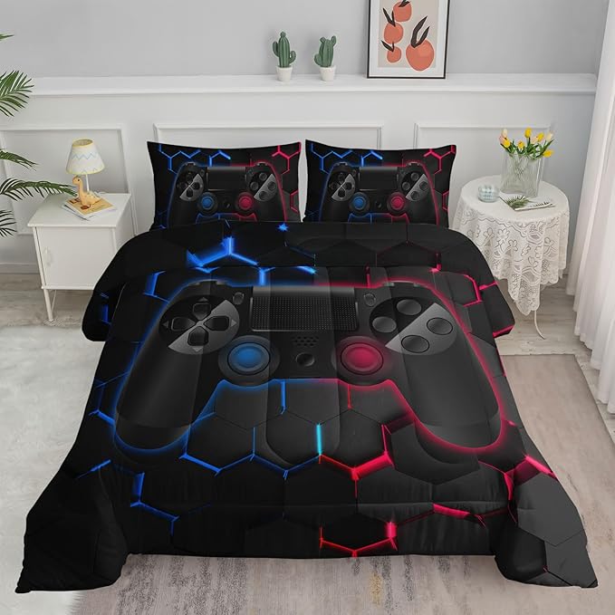 Axolotl Gamer Comforter Sets Full,Geometric Honeycomb Gaming Bedding Sets,Video Games Comforter,Gaming Bedding Set,Game Console Comforter Set for Kids Boys Girls Teens,1 Quilt 2 Pillowcases,Blue Red