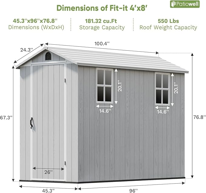 Patiowell 4x8 FT Outdoor Storage Shed with Floor & 2 Windows, Large Plastic Garden Shed with Lockable Door for Backyard, Patio, and Lawn, White (Fit-it Shed)
