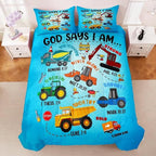 Boys Construction Vehicles Truck Comforter Set Full,Christian Kids God Says I Am Construction Bedding Set,Car Excavator Tractor Bedroom Set（1 Comforter 2 Pillowcase） Blue