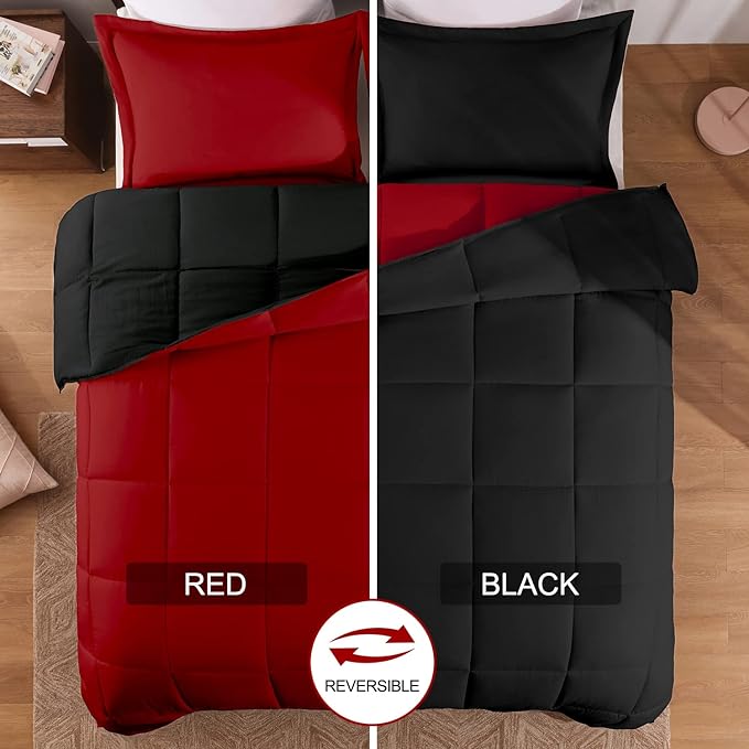 Basic Beyond Twin Comforter Set for Girls and Boys - Fluffy Twin Bed Comforter Set for All Seasons - Reversible Kids Twin Comforter Set - 2 Pieces (1 Comforter + 1 Pillow Sham) - Red/Black