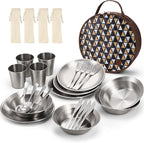 Odoland Stainless Steel Camping Mess Kit for Family & Person | Cooking Tableware Utensils with Plates Bowls Forks Spoons Knives & Savings Bag for Camping, Backpacking, Hiking, Picnic