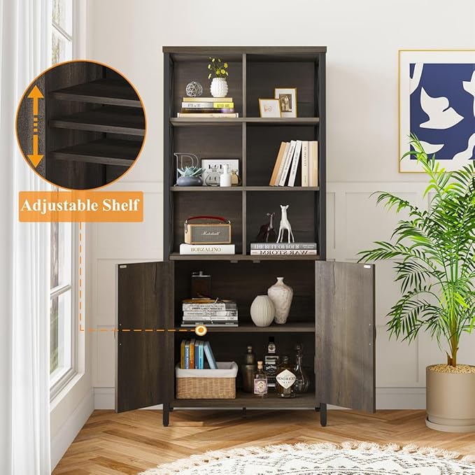 FATORRI Bookshelf with Doors, Rustic Wood Bookcase with Cabinet, Industrial Tall Cubby Book Shelf and Cube Organizer Shelf for Living Room (Walnut Brown)