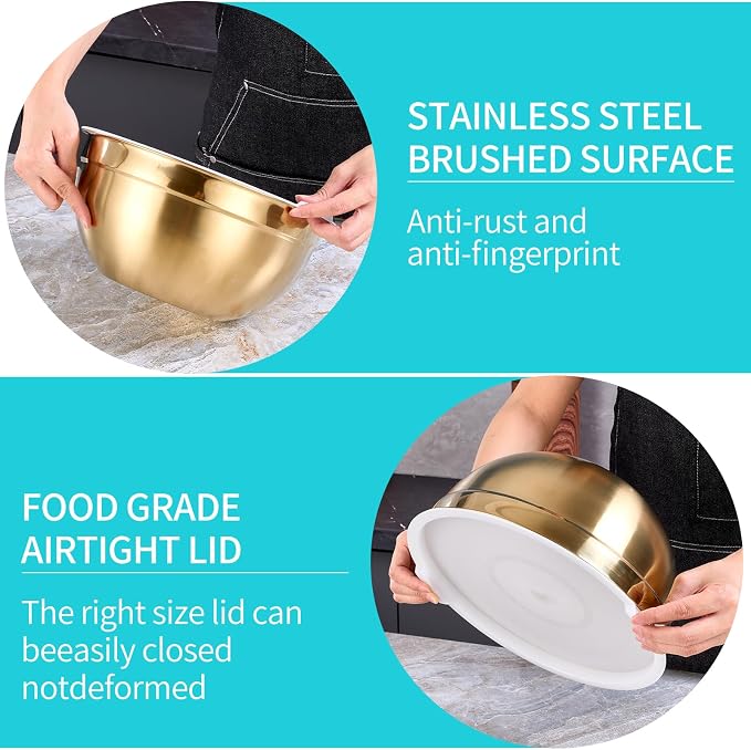 4 Piece Gold Mixing Bowls With Lids for Kitchen, Stainless Steel Set Ideal for Baking, Prepping, Cooking and Serving Food, Nesting Metal Bowls for Space Saving Storage