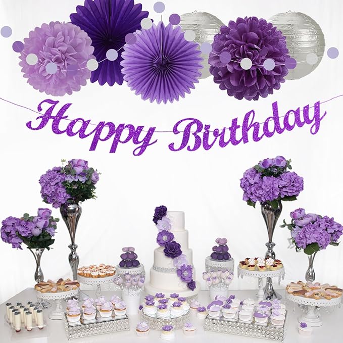 Purple Silver Birthday Party-Decorations Paper-Flowers - 14pcs Happy Banner Lavender Lanterns Tissue Pom Poms,Lilac Streamers Garland Fans,Women Girls Adult Kids Office Hanging Supplies Decor Hugfond
