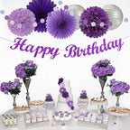 Purple Silver Birthday Party-Decorations Paper-Flowers - 14pcs Happy Banner Lavender Lanterns Tissue Pom Poms,Lilac Streamers Garland Fans,Women Girls Adult Kids Office Hanging Supplies Decor Hugfond