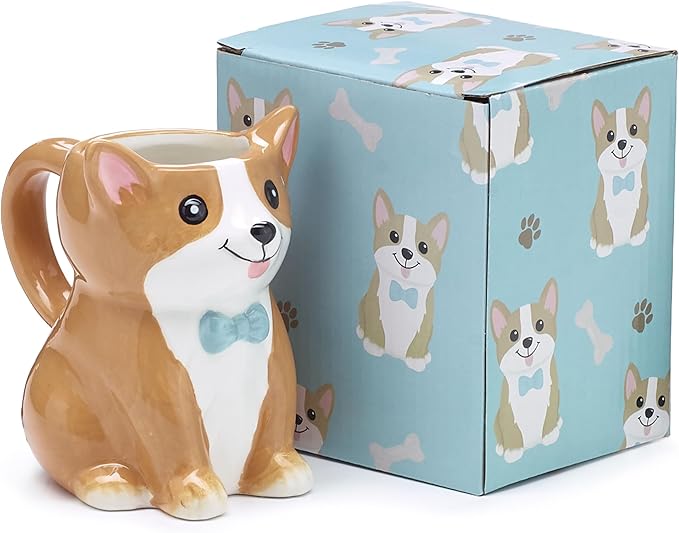 Burton Corgi Coffee Mug with Gift Box, Brown Porcelain Ceramic Cup with Handle, 10 oz Capacity