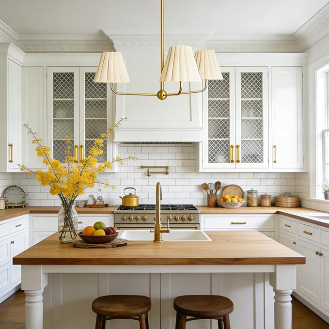 Mid-Century 3-Light Chandelier, Aged Brass & Linen | Natural Ivory Pleated Conical Shades, 120° Equal Arms, Perfect for Kitchen Island, Dining Room, Living Room