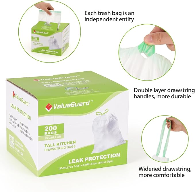 Large Trash Bag 13 Gallon Tall Drawstring 100% Post-Consumer Recycled Garbage Bag Waste Bag for Kitchen Office 0.8 Mil (200 Count)
