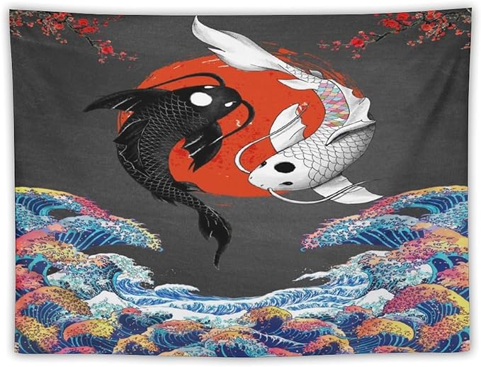 Houselerax Japanese Koi Fish Tapestries, Yin Yang Big Wave Cherry Blossom Tapestry Wall Hanging for Bedroom Living Room Office Decor 80"x60"