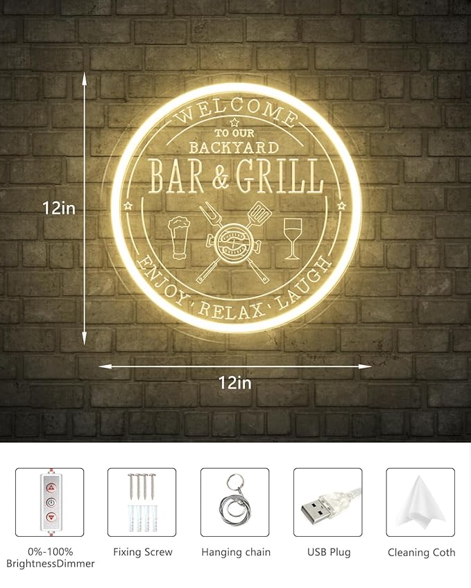 Bar & Grill Neon Sign for Home Bar Wall Art Decor, Dimmable LED Neon Lights Bar and Grill Signs for Backyard Patio Garden Yard BBQ Birthday Party, Grilling Light Up Sign for Housewarming Gifts