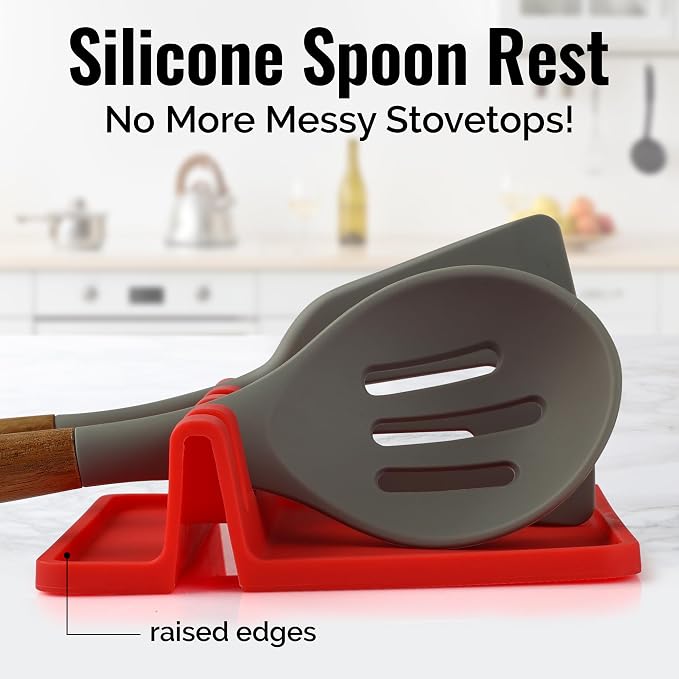 Zulay Kitchen Silicone Utensil Rest with Drip Pad for Multiple Utensils - BPA-Free, Heat-Resistant Spoon Rest & Spoon Holder for Stove Top - Kitchen Utensil Holder for Ladles & Tongs - Red