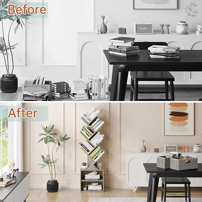 Vagusicc 6 Tier Tree Bookshelf, Modern Floor Standing Bookcase with Storage Drawer, Space Saving Storage Organizer Book Shelves for Books, Tall Wood Storage Rack for Bedroom/Living Room/Home Office