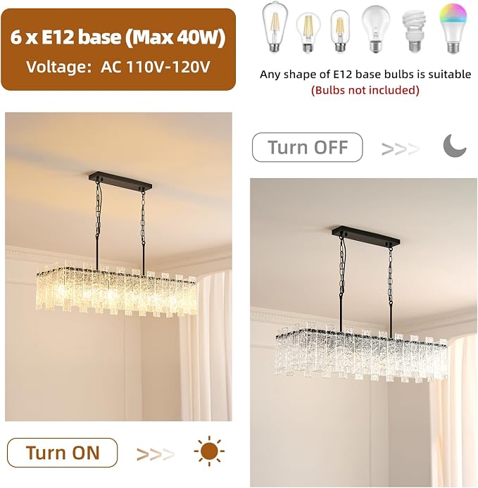 Modern Rectangle Black Crystal Chandeliers for Dining Room, L39" Large Rectangular Water Ripple Glass Island Light Fixture, 6-Lights Hanging Pendant Light for Kitchen Island, Living Room